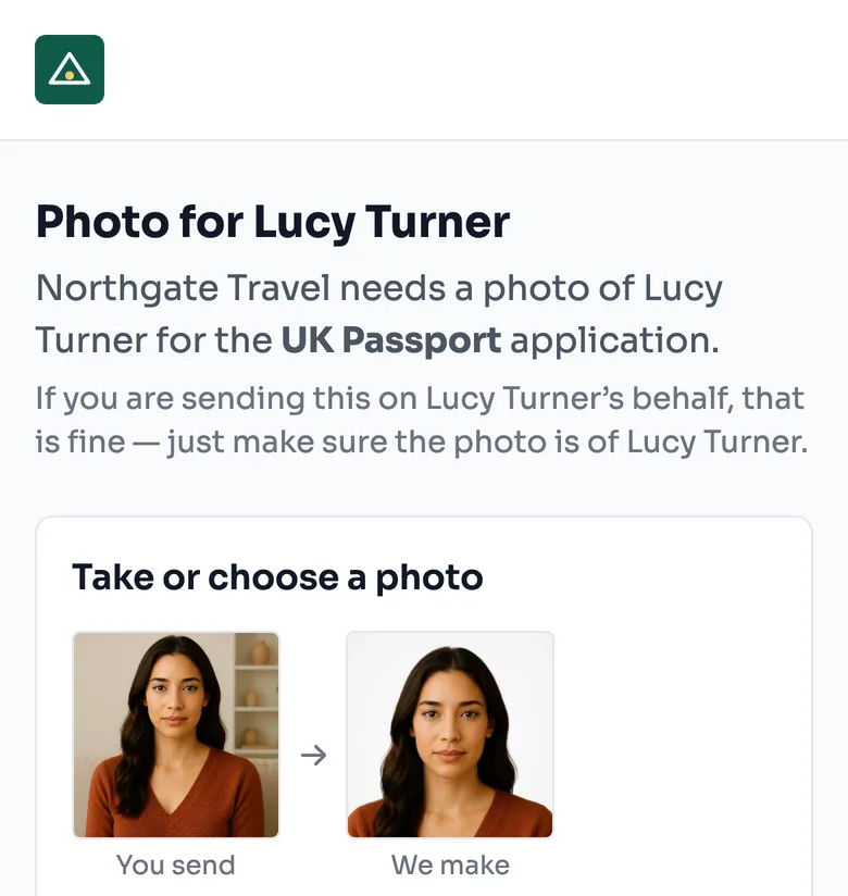 The client’s phone: the agency’s logo and a request for a UK passport photo