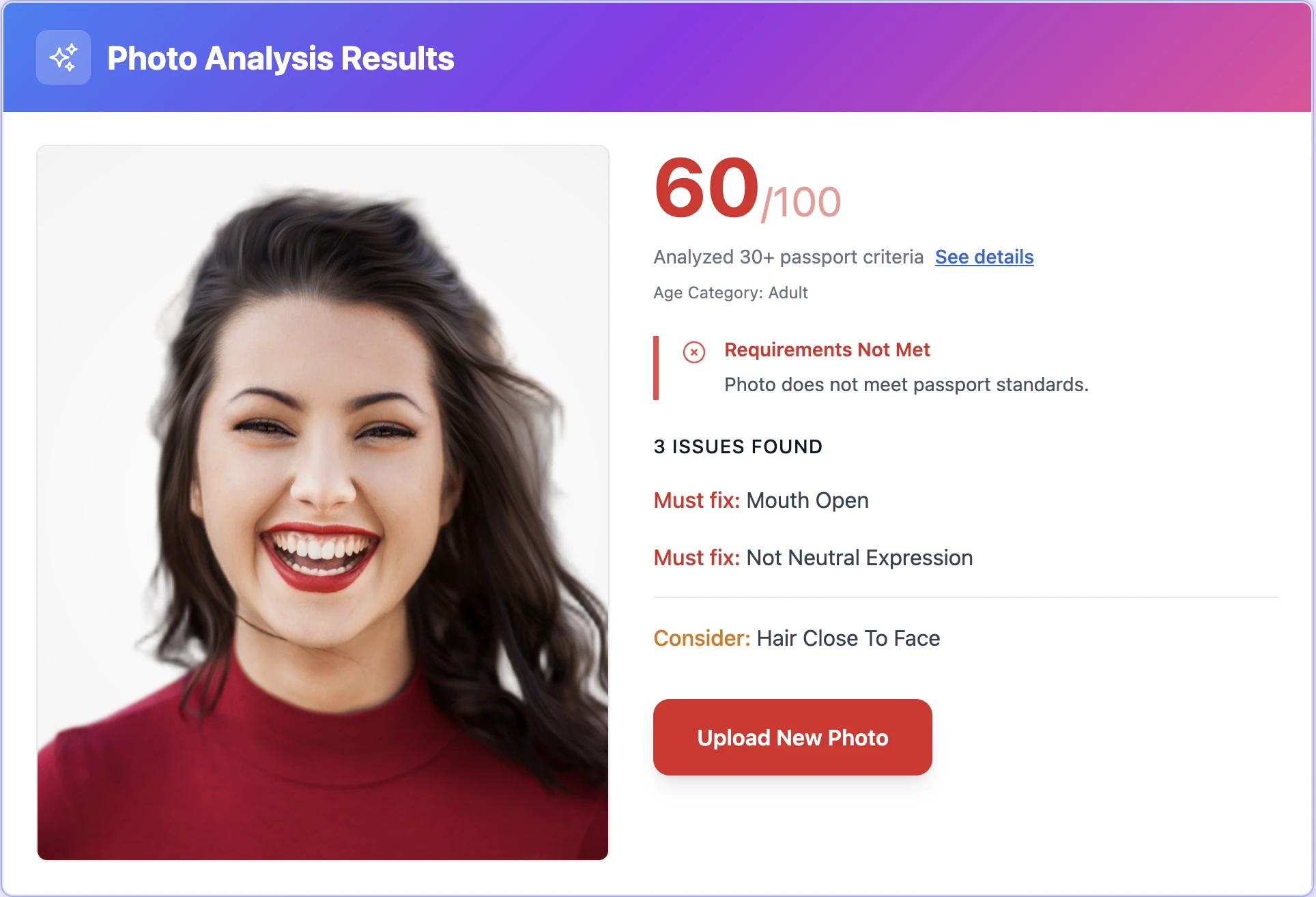 AI photo validation interface showing real-time analysis results